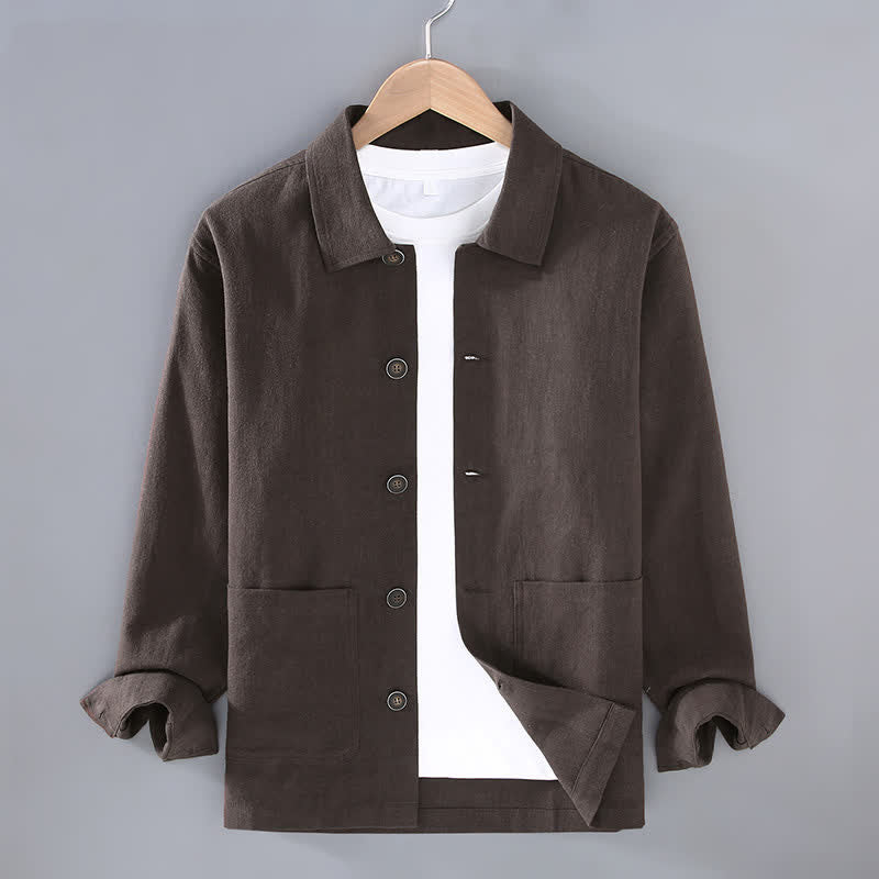 Buddha Stones Fall Casual Minimalist Solid Buttons Ramie Men's Jacket With Pockets - SaddleBrown - US/UK/AU42,EU52 (3XL) - image 0