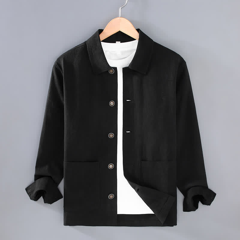 Buddha Stones Fall Casual Minimalist Solid Buttons Ramie Men's Jacket With Pockets - Black - US/UK/AU42,EU52 (3XL) - image 12