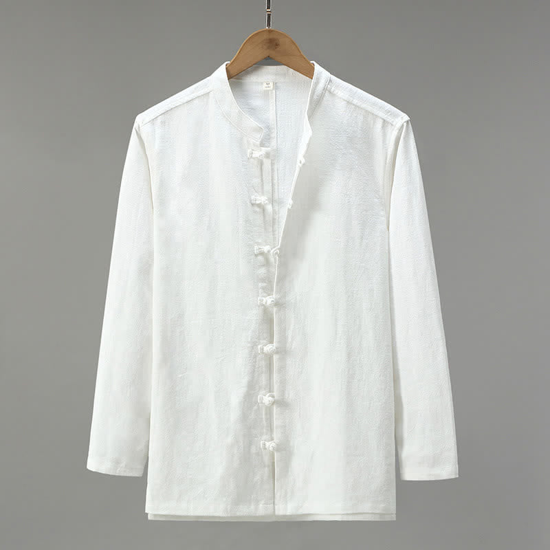 Buddha Stones Spring Casual Tang Style Frog Button Solid Men's Long Sleeve Shirts - White - US/UK/AU42,EU52 (3XL) - image 14