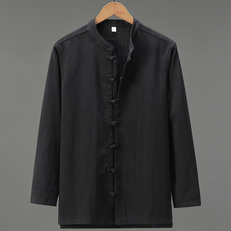Buddha Stones Spring Casual Tang Style Frog Button Solid Men's Long Sleeve Shirts - Black - US/UK/AU42,EU52 (3XL) - image 11