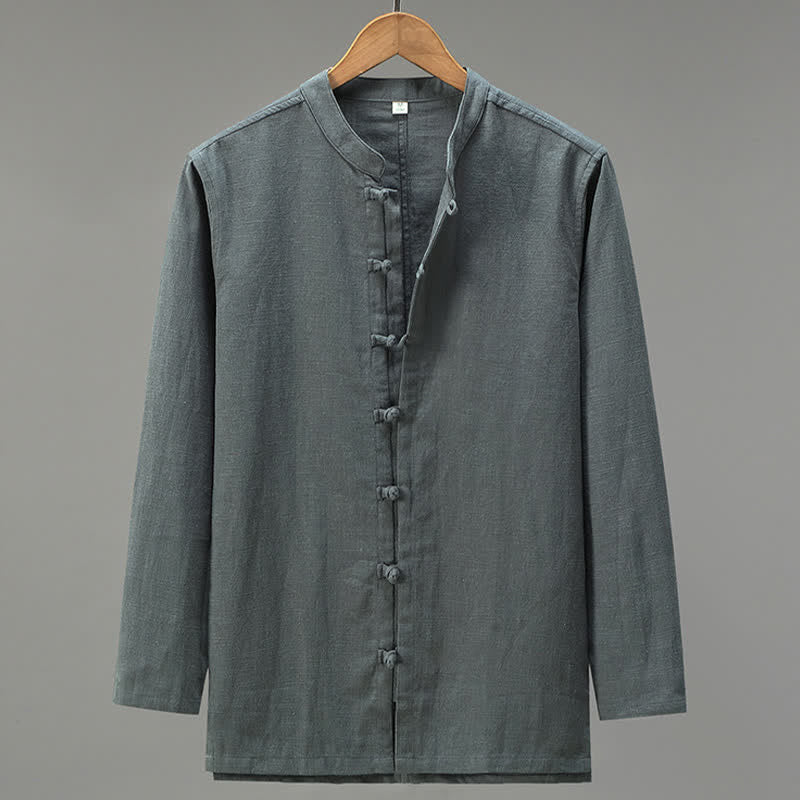 Buddha Stones Spring Casual Tang Style Frog Button Solid Men's Long Sleeve Shirts - DimGray - US/UK/AU42,EU52 (3XL) - image 12