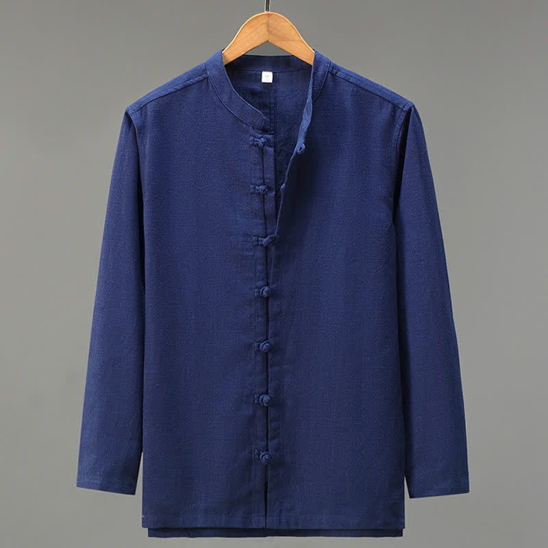 Buddha Stones Spring Casual Tang Style Frog Button Solid Men's Long Sleeve Shirts - Navy - US/UK/AU42,EU52 (3XL) - image 13