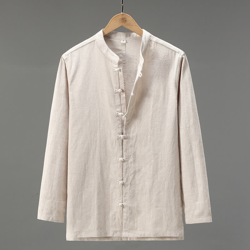 Buddha Stones Spring Casual Tang Style Frog Button Solid Men's Long Sleeve Shirts - Beige - US/UK/AU42,EU52 (3XL) - image 0