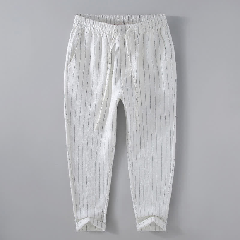Buddha Stones Spring Summer Casual Drawstring Striped Cropped Pants Men's Tapered Pants With Pockets - White - US/UK/AU42,EU52 (3XL) - image 12