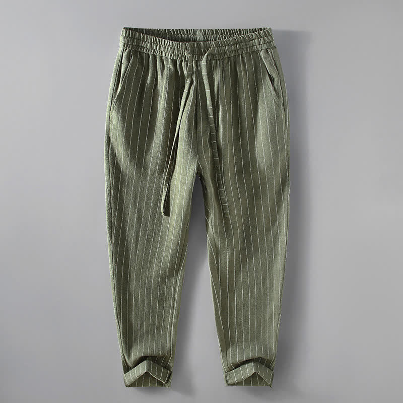 Buddha Stones Spring Summer Casual Drawstring Striped Cropped Pants Men's Tapered Pants With Pockets - OliveDrab - US/UK/AU42,EU52 (3XL) - image 11
