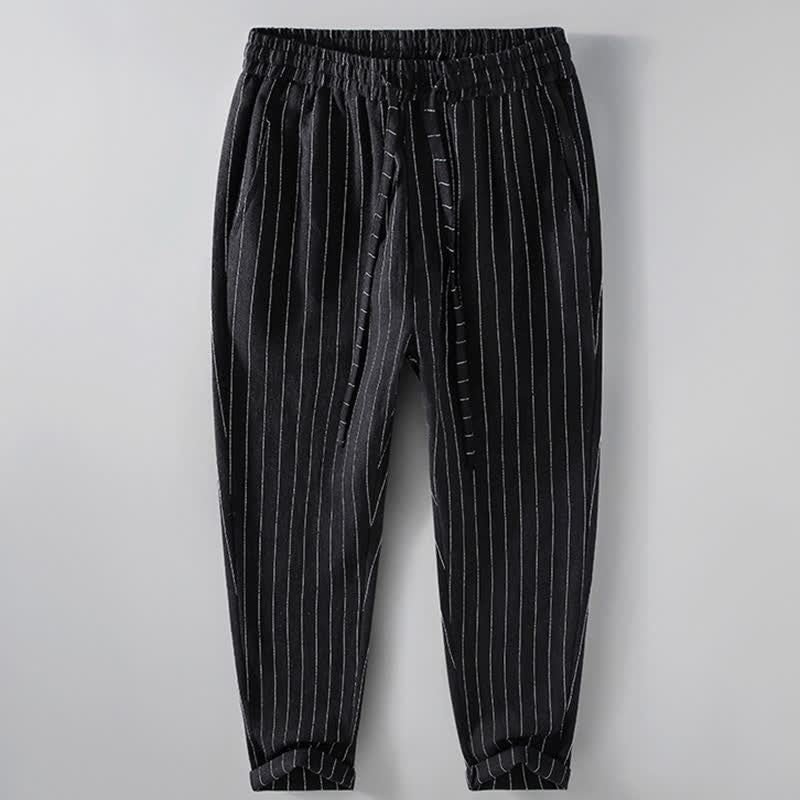 Buddha Stones Spring Summer Casual Drawstring Striped Cropped Pants Men's Tapered Pants With Pockets - Black - US/UK/AU42,EU52 (3XL) - image 1