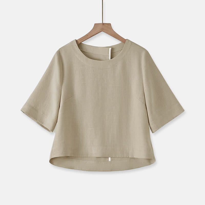 Buddha Stones Summer Casual Minimalist Crew Neck Solid Cropped Women's Short Sleeve T-Shirts - Tan - US12, UK/AU16, EU44 (2XL) - image 0