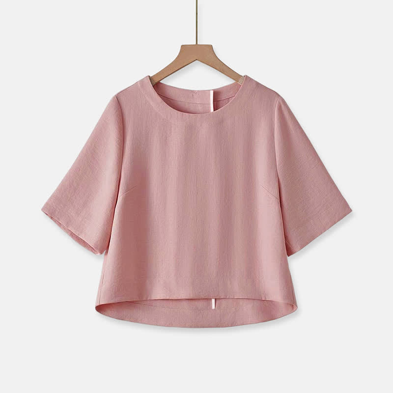 Buddha Stones Summer Casual Minimalist Crew Neck Solid Cropped Women's Short Sleeve T-Shirts - LightPink - US12, UK/AU16, EU44 (2XL) - image 8