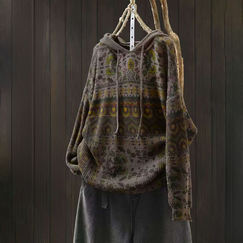 Buddha Stones Fall Striped Geometric Flowers Cotton Women's Long Sleeve Pullover Knitted Hoodie - DarkKhaki - US4-6,UK/AU8-10,EU36-38 (F) - image 12