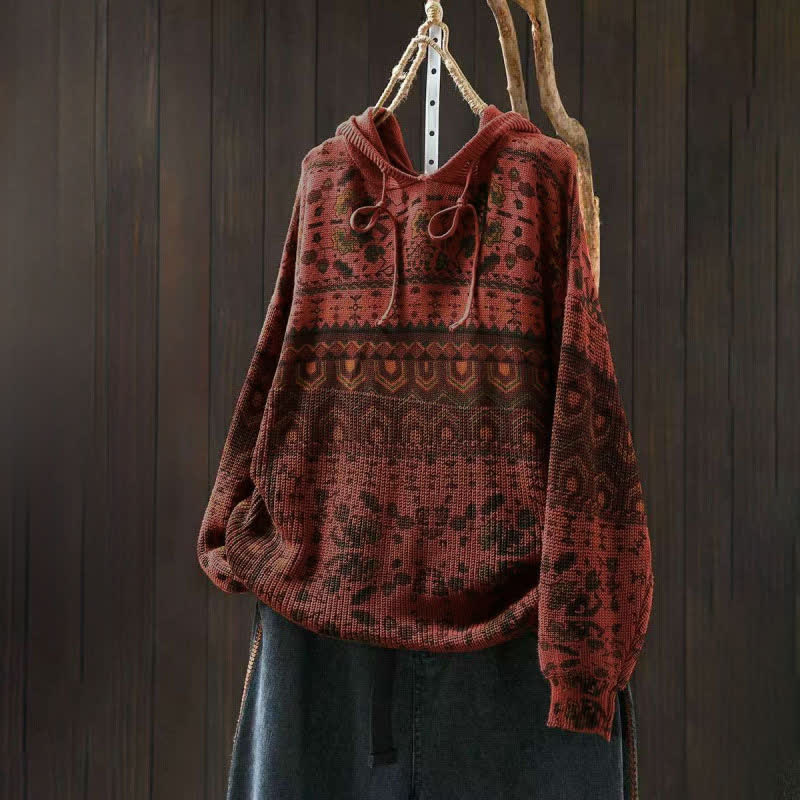 Buddha Stones Fall Striped Geometric Flowers Cotton Women's Long Sleeve Pullover Knitted Hoodie - Tomato - US4-6,UK/AU8-10,EU36-38 (F) - image 2