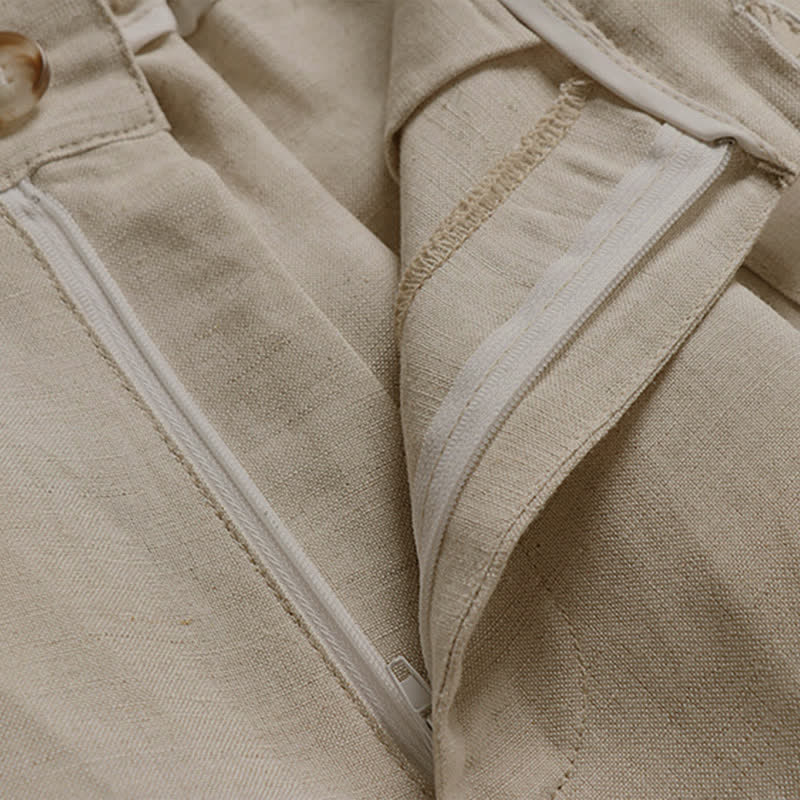 Buddha Stones Summer Zipper Elastic Waist Design Men's Cotton Linen Wide Leg Pants With Pockets - image 3