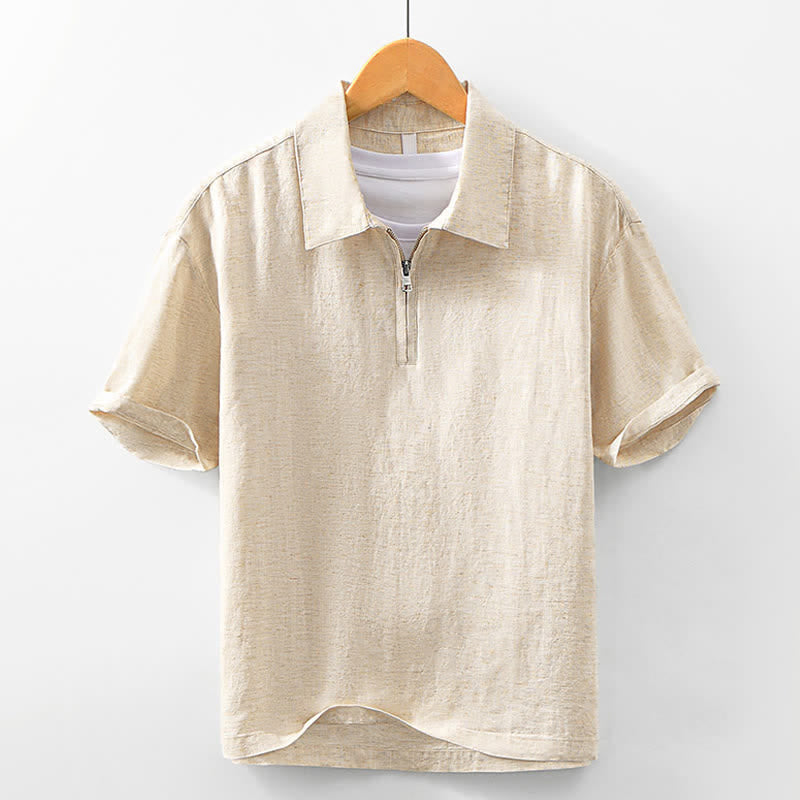 Buddha Stones Summer Casual Minimalist Quarter Zip Solid Men's Short Sleeve Shirts - Wheat - US/UK/AU42,EU52 (3XL) - image 0