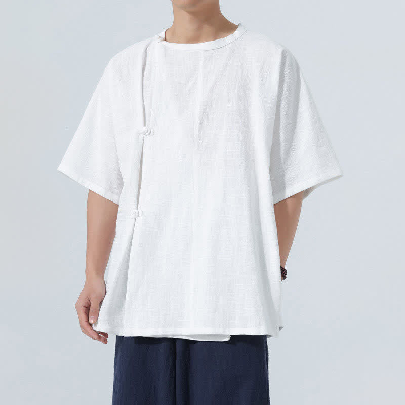Buddha Stones Summer Tang Style Minimalist Frog Button Solid Cotton Men's Short Sleeve Shirts - White - US/UK/AU46,EU56 (5XL) - image 17