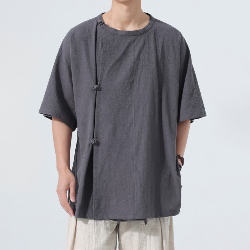 Buddha Stones Summer Tang Style Minimalist Frog Button Solid Cotton Men's Short Sleeve Shirts - DimGray - US/UK/AU46,EU56 (5XL) - image 0