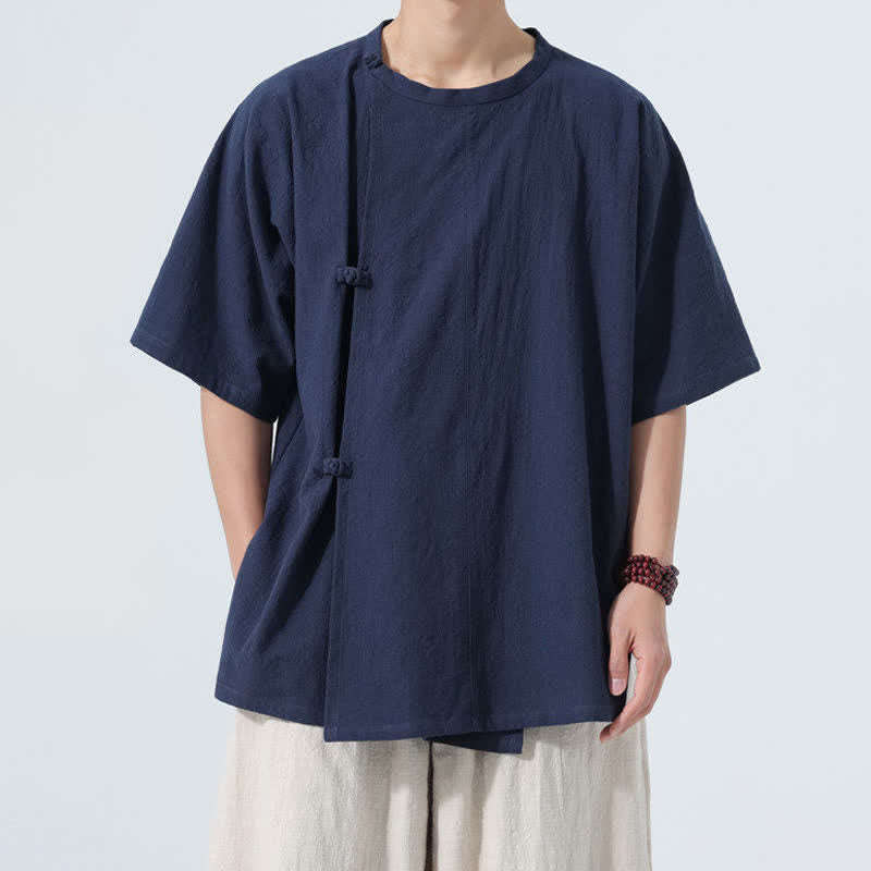 Buddha Stones Summer Tang Style Minimalist Frog Button Solid Cotton Men's Short Sleeve Shirts - MidnightBlue - US/UK/AU46,EU56 (5XL) - image 7
