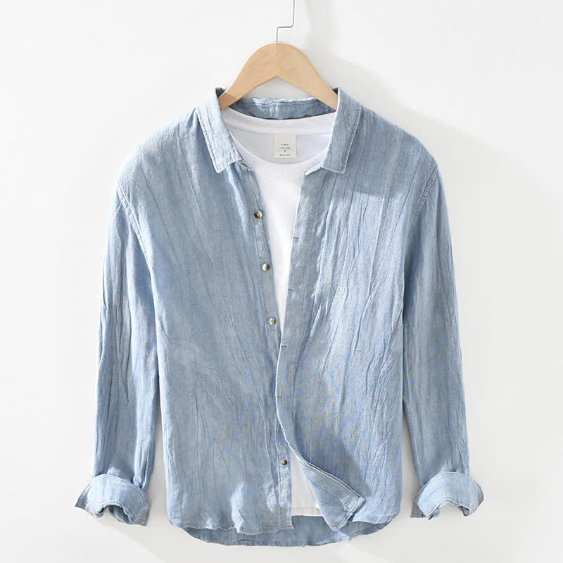 Buddha Stones Spring Casual Button-Up Solid Linen Men's Long Sleeve Shirts - LightSteelBlue - US/UK/AU42,EU52 (3XL) - image 14