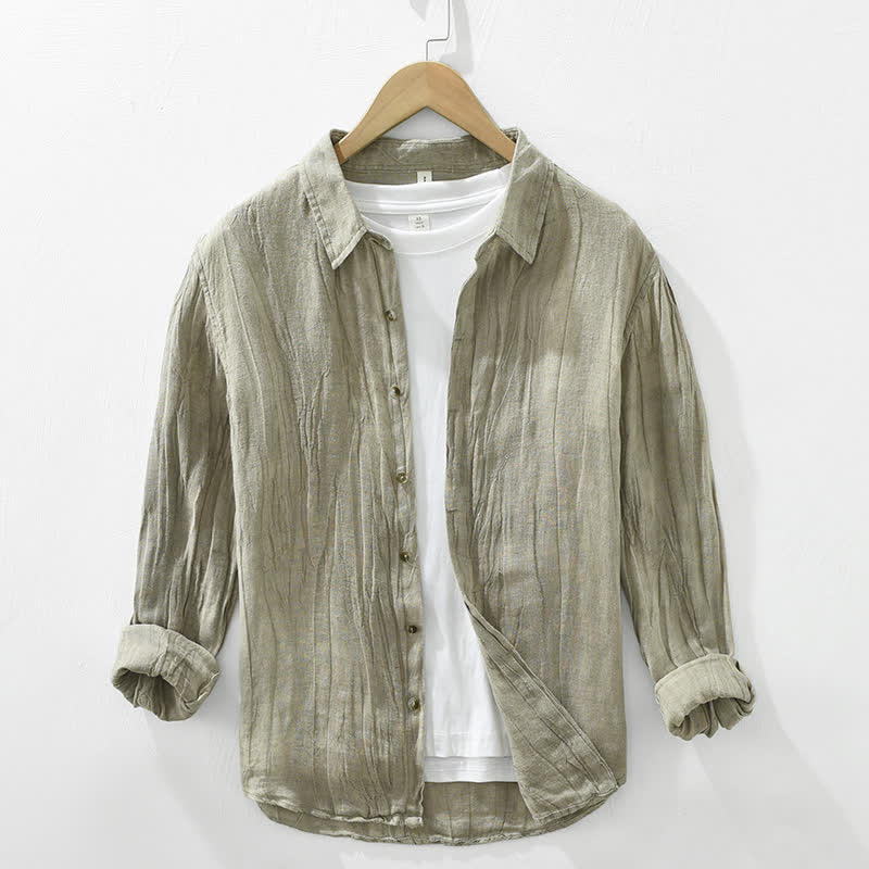 Buddha Stones Spring Casual Button-Up Solid Linen Men's Long Sleeve Shirts - DarkKhaki - US/UK/AU42,EU52 (3XL) - image 19