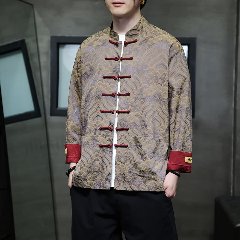 Buddha Stones Fall Winter Tang Style Elegant Mandarin Collar Abstract Wave Pattern Frog Button Men's Jacket With Pockets - Tan - US/UK/AU46,EU56 (5XL) - image 23