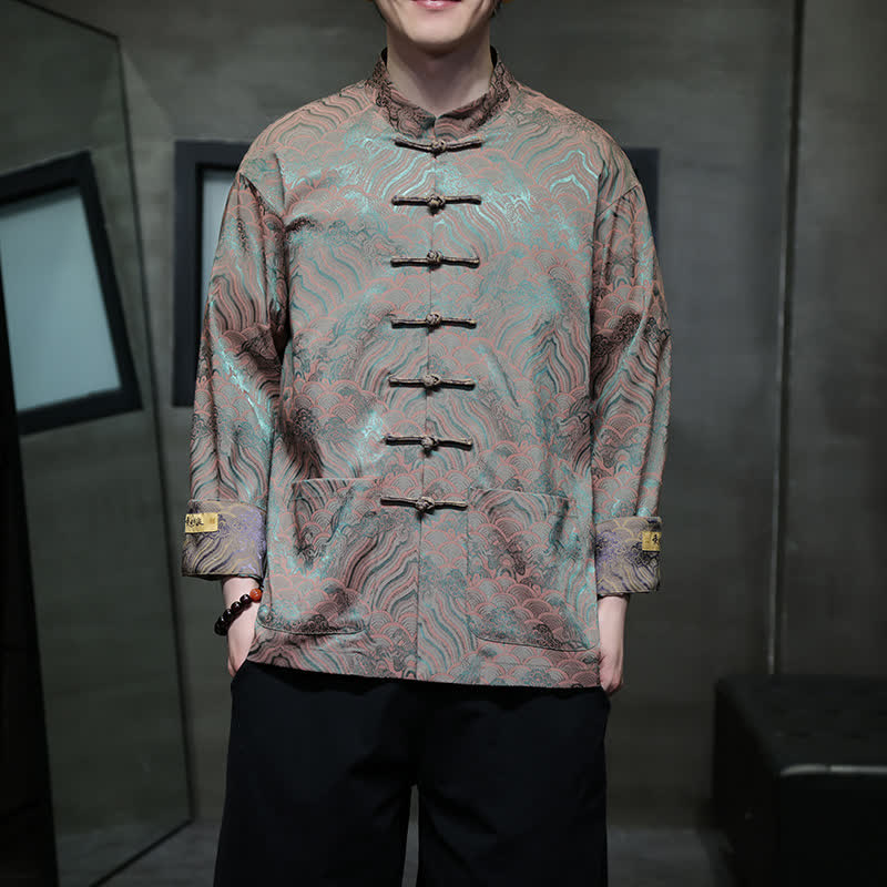 Buddha Stones Fall Winter Tang Style Elegant Mandarin Collar Abstract Wave Pattern Frog Button Men's Jacket With Pockets - LightSeaGreen - US/UK/AU46,EU56 (5XL) - image 24
