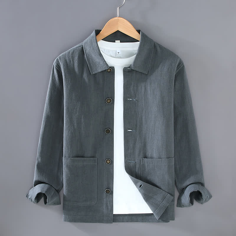 Buddha Stones Fall Casual Minimalist Solid Buttons Ramie Men's Jacket With Pockets - SlateGray - US/UK/AU42,EU52 (3XL) - image 2