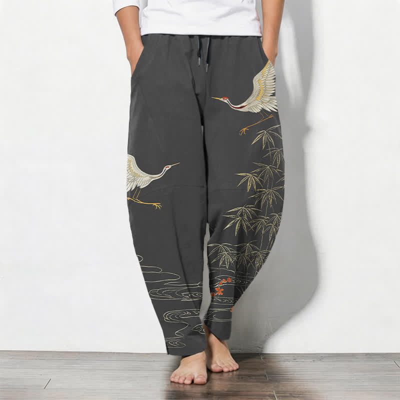 Buddha Stones Pure Cotton Crane Bamboo Wave Pattern Drawstring Men's Tapered Pants With Pockets - DimGray - US/UK/AU50,EU60 (5XL) - image 0