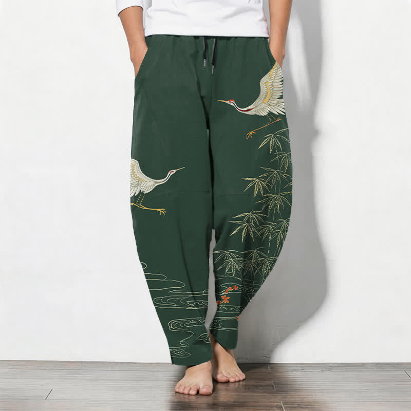 Buddha Stones Pure Cotton Crane Bamboo Wave Pattern Drawstring Men's Tapered Pants With Pockets - DarkGreen - US/UK/AU50,EU60 (5XL) - image 11