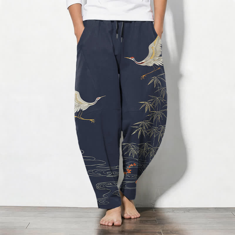 Buddha Stones Pure Cotton Crane Bamboo Wave Pattern Drawstring Men's Tapered Pants With Pockets - SteelBlue - US/UK/AU50,EU60 (5XL) - image 7