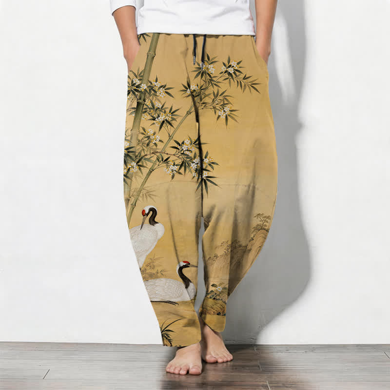 Buddha Stones Pure Cotton Crane Bamboo Landscape Pattern Drawstring Men's Tapered Pants With Pockets - Goldenrod - US/UK/AU50,EU60 (5XL) - image 0