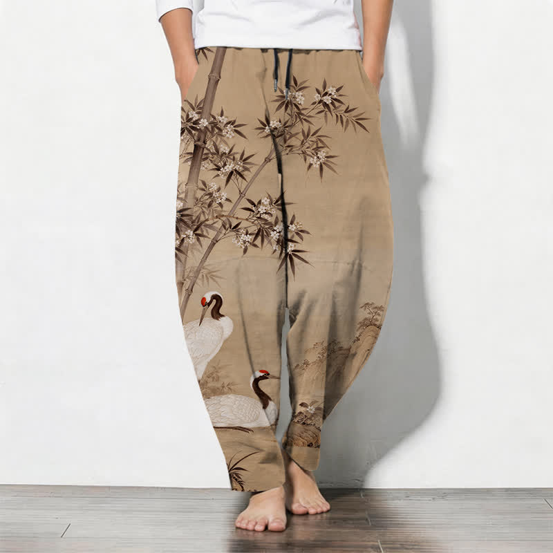 Buddha Stones Pure Cotton Crane Bamboo Landscape Pattern Drawstring Men's Tapered Pants With Pockets - BurlyWood - US/UK/AU50,EU60 (5XL) - image 7