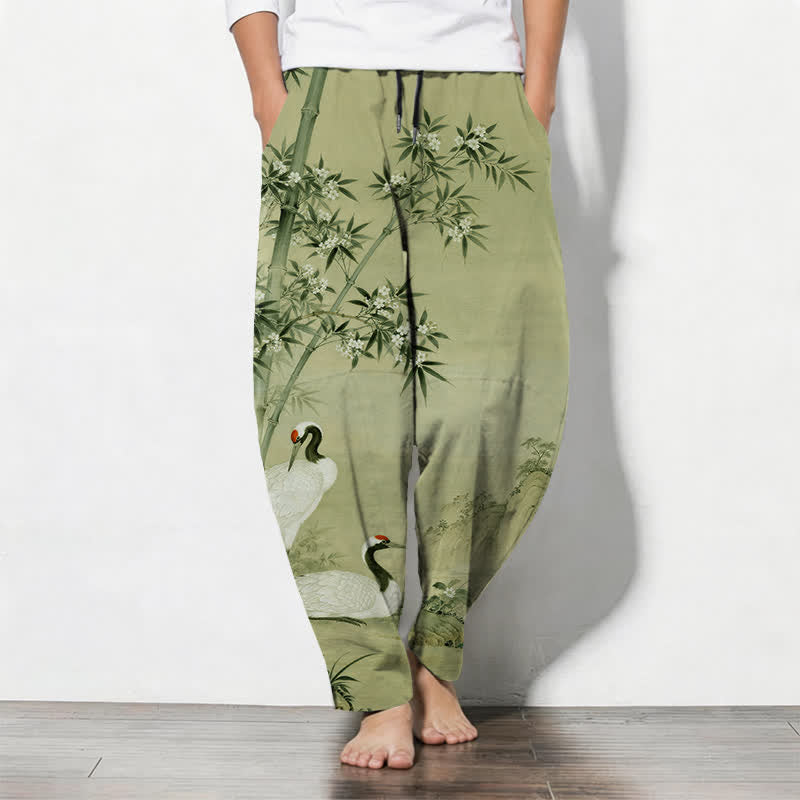 Buddha Stones Pure Cotton Crane Bamboo Landscape Pattern Drawstring Men's Tapered Pants With Pockets - YellowGreen - US/UK/AU50,EU60 (5XL) - image 11