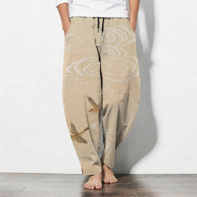 Buddha Stones Pure Cotton Auspicious Cloud Bird Pattern Drawstring Men's Tapered Pants With Pockets - Beige - US/UK/AU50,EU60 (5XL) - image 0