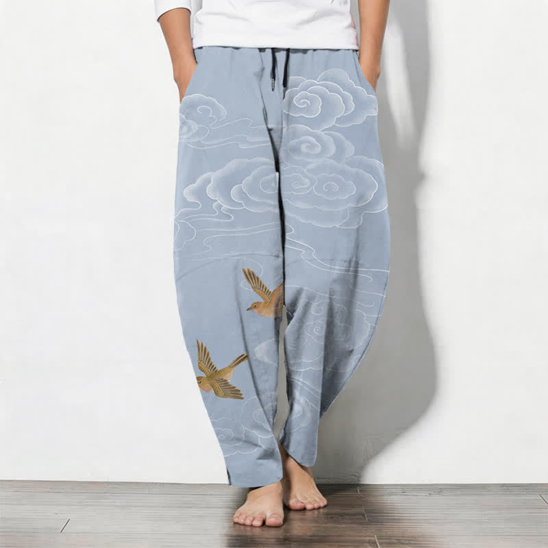 Buddha Stones Pure Cotton Auspicious Cloud Bird Pattern Drawstring Men's Tapered Pants With Pockets - LightBlue - US/UK/AU50,EU60 (5XL) - image 7