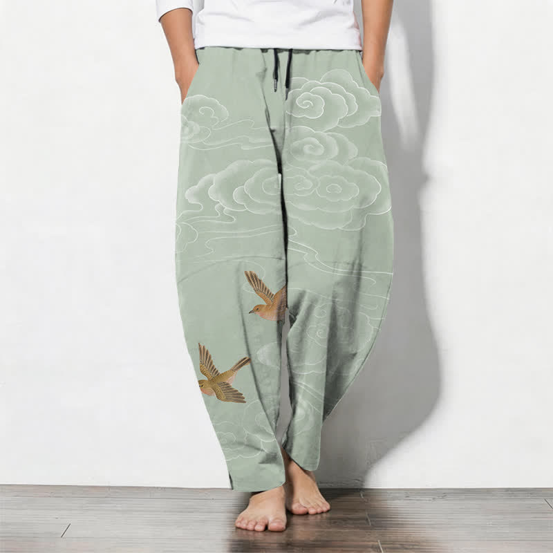 Buddha Stones Pure Cotton Auspicious Cloud Bird Pattern Drawstring Men's Tapered Pants With Pockets - DarkSeaGreen - US/UK/AU50,EU60 (5XL) - image 11