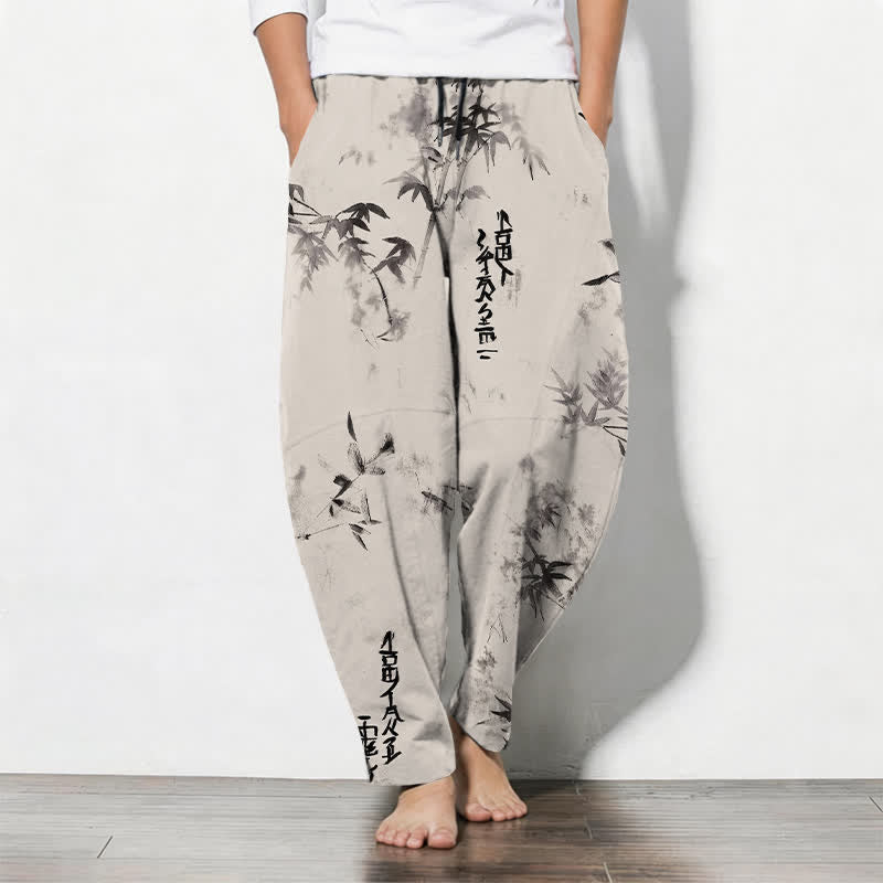 Buddha Stones Pure Cotton Ink Bamboo Calligraphy Pattern Drawstring Men's Tapered Pants With Pockets - Ivory - US/UK/AU50,EU60 (5XL) - image 0