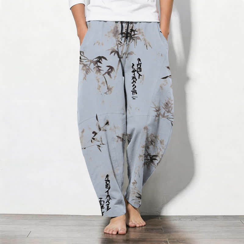Buddha Stones Pure Cotton Ink Bamboo Calligraphy Pattern Drawstring Men's Tapered Pants With Pockets - LightBlue - US/UK/AU50,EU60 (5XL) - image 7