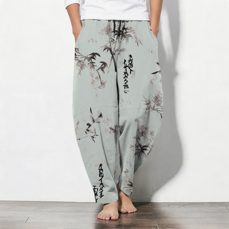 Buddha Stones Pure Cotton Ink Bamboo Calligraphy Pattern Drawstring Men's Tapered Pants With Pockets - PaleTurquoise - US/UK/AU50,EU60 (5XL) - image 11