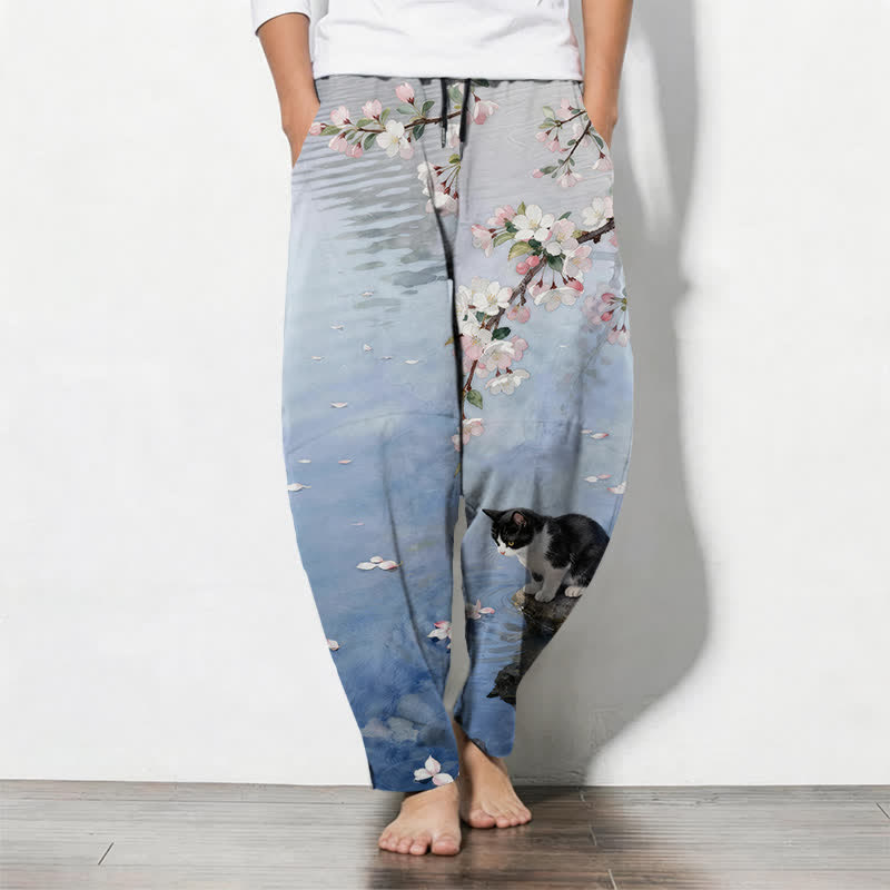 Buddha Stones Pure Cotton Sakura Cat Water Reflection Pattern Drawstring Men's Tapered Pants With Pockets - LightBlue - US/UK/AU50,EU60 (5XL) - image 0