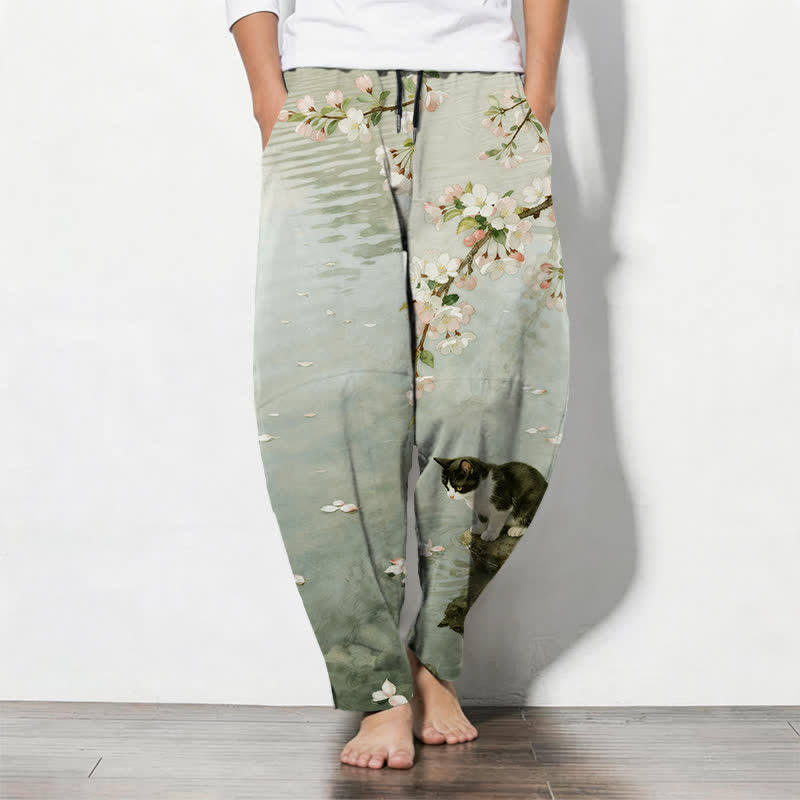 Buddha Stones Pure Cotton Sakura Cat Water Reflection Pattern Drawstring Men's Tapered Pants With Pockets - DarkSeaGreen - US/UK/AU50,EU60 (5XL) - image 7