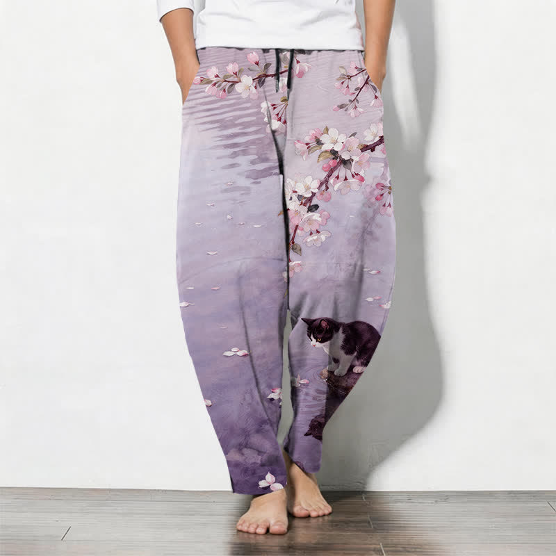 Buddha Stones Pure Cotton Sakura Cat Water Reflection Pattern Drawstring Men's Tapered Pants With Pockets - MediumPurple - US/UK/AU50,EU60 (5XL) - image 11