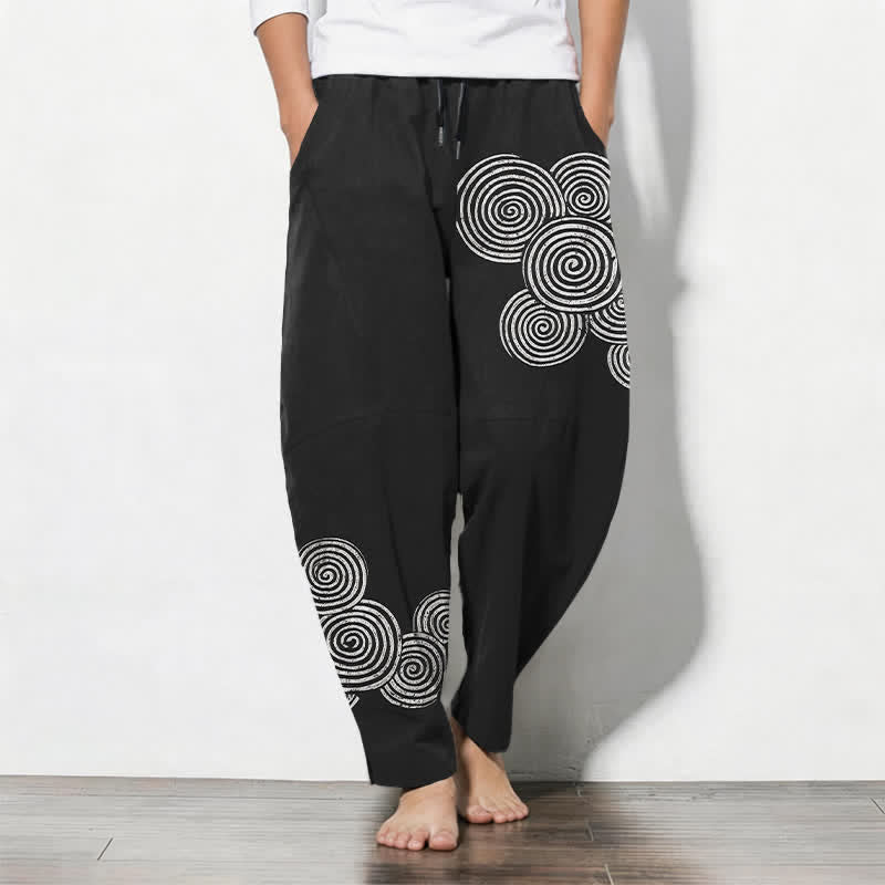 Buddha Stones Pure Cotton Concentric Spiral Pattern Drawstring Men's Tapered Pants With Pockets - Black - US/UK/AU50,EU60 (5XL) - image 0