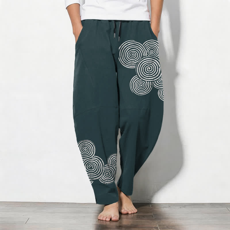 Buddha Stones Pure Cotton Concentric Spiral Pattern Drawstring Men's Tapered Pants With Pockets - DarkCyan - US/UK/AU50,EU60 (5XL) - image 11