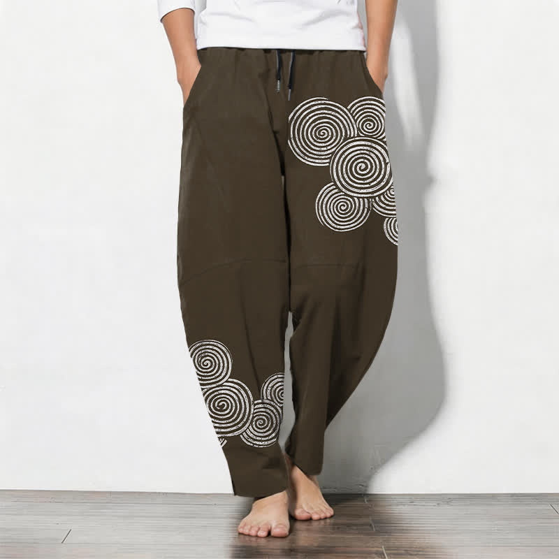 Buddha Stones Pure Cotton Concentric Spiral Pattern Drawstring Men's Tapered Pants With Pockets - SaddleBrown - US/UK/AU50,EU60 (5XL) - image 7