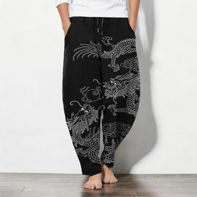 Buddha Stones Pure Cotton Imperial Dragon Pattern Drawstring Men's Tapered Pants With Pockets - Black - US/UK/AU50,EU60 (5XL) - image 0