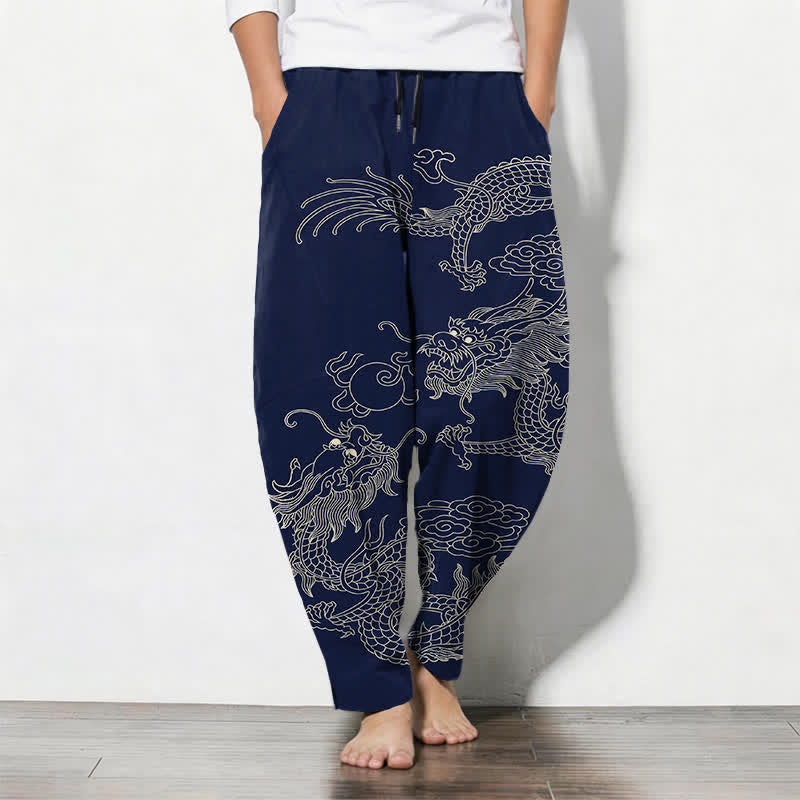 Buddha Stones Pure Cotton Imperial Dragon Pattern Drawstring Men's Tapered Pants With Pockets - Navy - US/UK/AU50,EU60 (5XL) - image 7