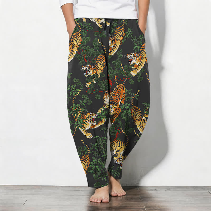 Buddha Stones Pure Cotton Tiger Bamboo Leaf Pattern Drawstring Men's Tapered Pants With Pockets - Black - US/UK/AU50,EU60 (5XL) - image 0