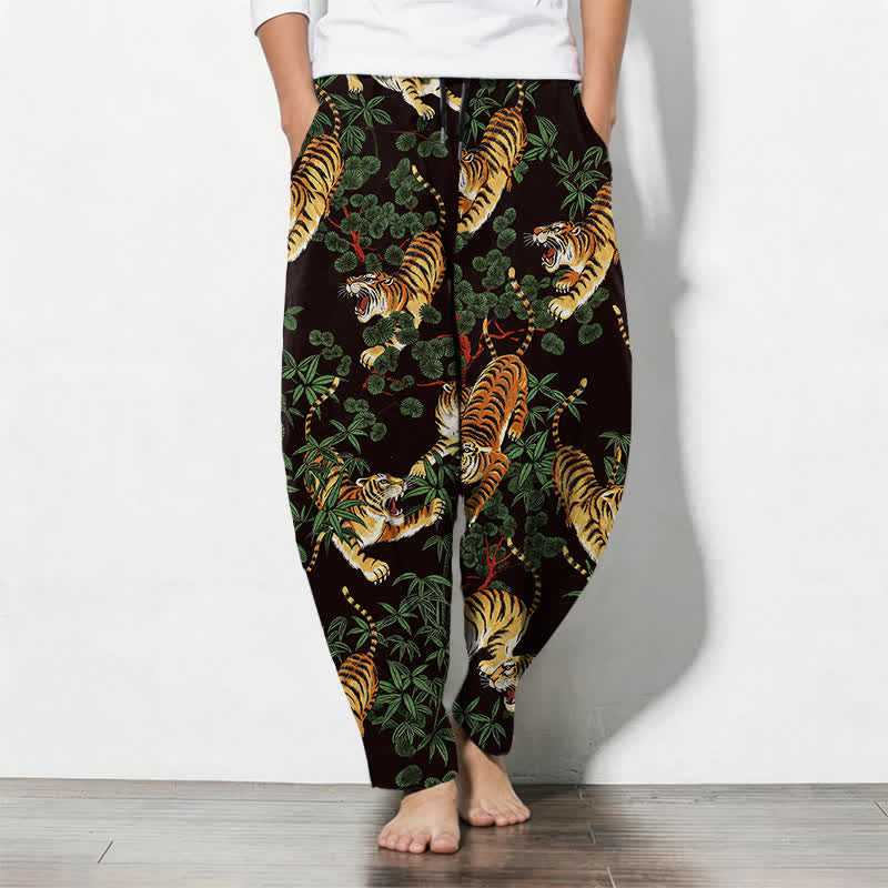 Buddha Stones Pure Cotton Tiger Bamboo Leaf Pattern Drawstring Men's Tapered Pants With Pockets - SaddleBrown - US/UK/AU50,EU60 (5XL) - image 7