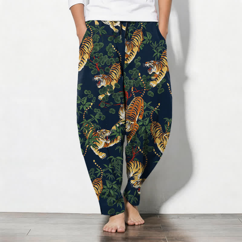 Buddha Stones Pure Cotton Tiger Bamboo Leaf Pattern Drawstring Men's Tapered Pants With Pockets - Navy - US/UK/AU50,EU60 (5XL) - image 11