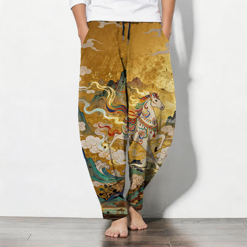Buddha Stones Pure Cotton Running White Horse Pattern Drawstring Men's Tapered Pants With Pockets - Goldenrod - US/UK/AU50,EU60 (5XL) - image 0