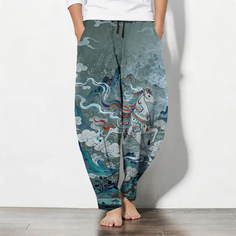 Buddha Stones Pure Cotton Running White Horse Pattern Drawstring Men's Tapered Pants With Pockets - CadetBlue - US/UK/AU50,EU60 (5XL) - image 7