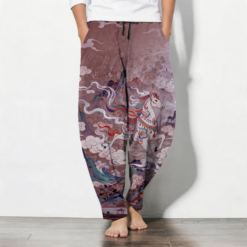Buddha Stones Pure Cotton Running White Horse Pattern Drawstring Men's Tapered Pants With Pockets - Plum - US/UK/AU50,EU60 (5XL) - image 11